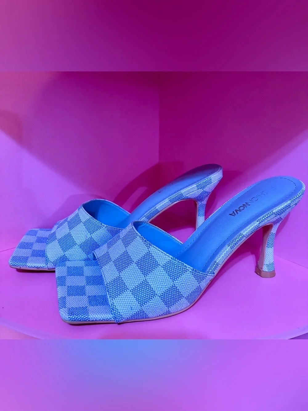 Fashion Nova Blue Checkered Open-Toe Heeled Mules